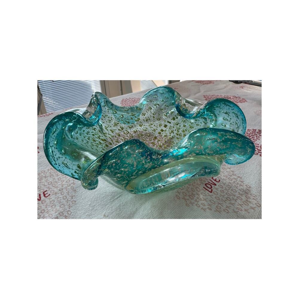 Vtg Murano Bollinato Blue Metallic Gold Fleck Scalloped Art Glass Bowl Ashtray - Picture 5 of 16